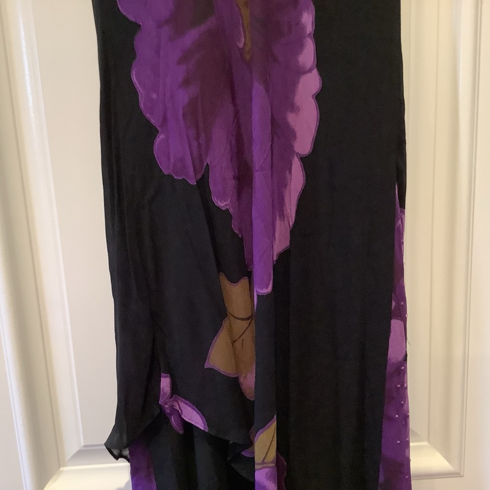 Vtg Black Purple Floral Midi Dress Size 14 Handkerchief Hem Fairy Whimsygoth - Picture 9 of 16